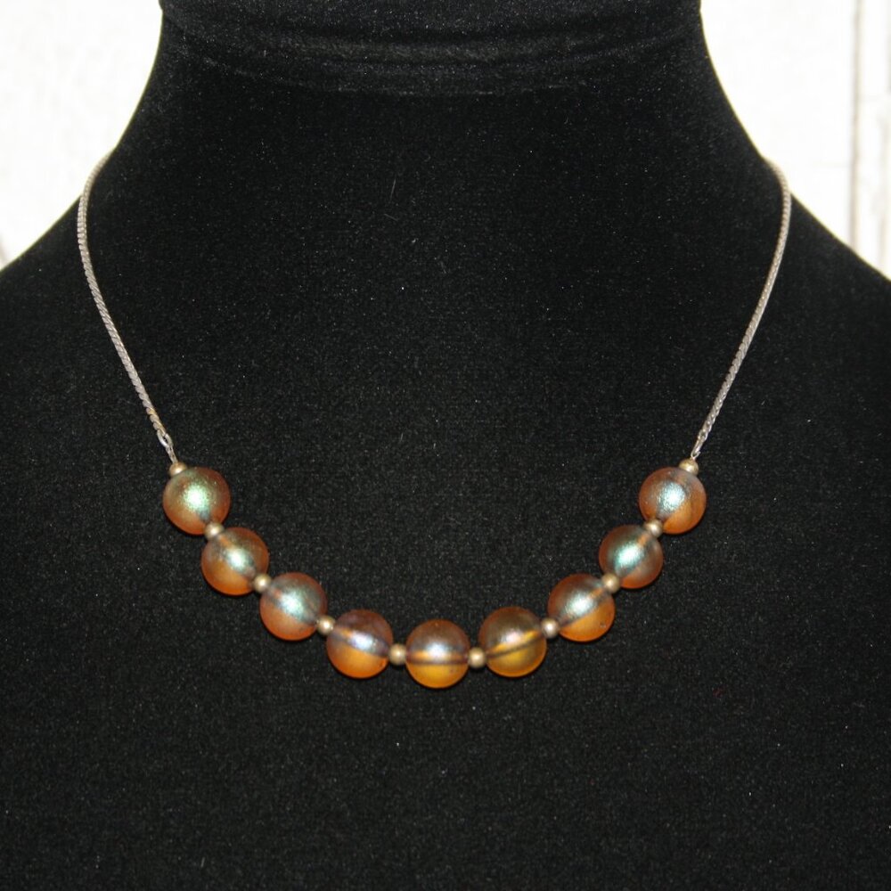 🤎✨ Silver & Brown Glass Beaded Necklace – 16" · Smooth Finish · Neutral Sparkle